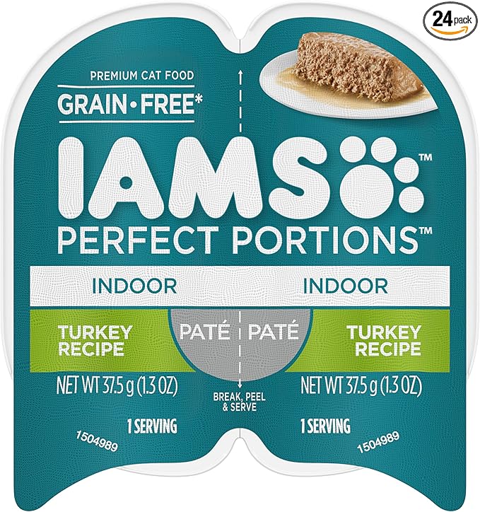 IAMS Perfect Portions Indoor Adult Grain Free Wet Cat Food Paté, Turkey Recipe, 2.6 oz. Easy Peel Twin-Pack Trays (24 Count, 48 Servings)