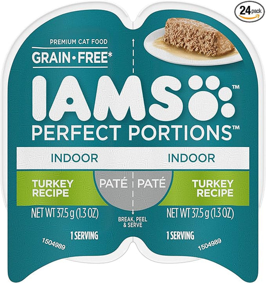 IAMS Perfect Portions Indoor Adult Grain Free Wet Cat Food Paté, Turkey Recipe, 2.6 oz. Easy Peel Twin-Pack Trays (24 Count, 48 Servings)