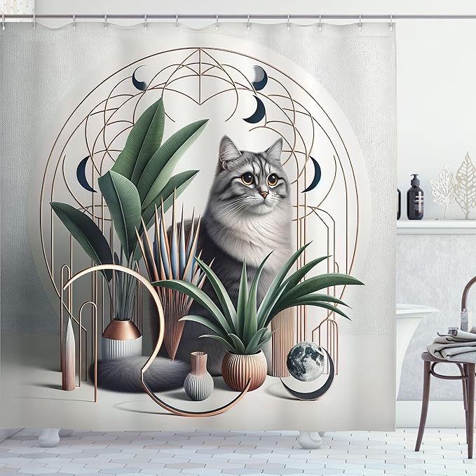 Ambesonne Cat Shower Curtain, Kitty in a Noble Pose with Boho Ornaments Home Plants and Mandala Crescent, Cloth Fabric Bathroom Decor Set with Hooks, 69" W x 84" L, Grey Green Pale Rust