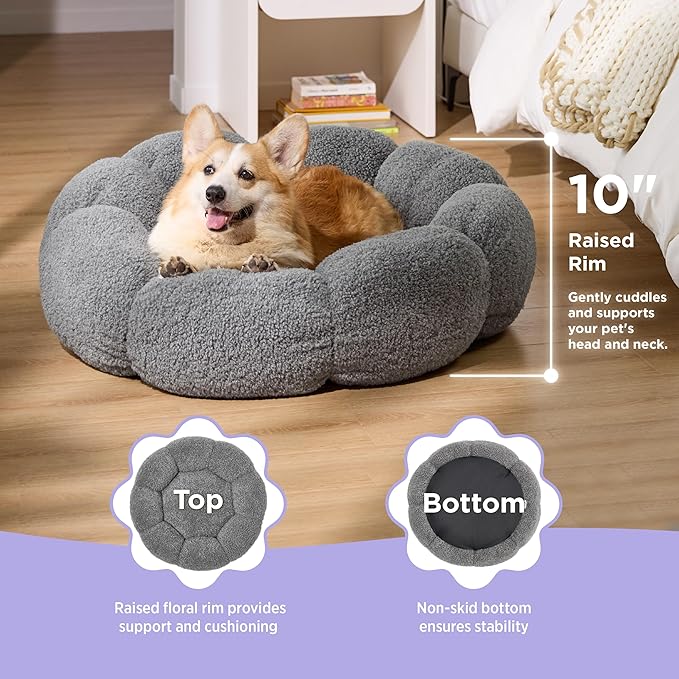 Lesure Calming Large Dog Bed - Flower Donut Round Fluffy Puppy Bed in Plush Teddy Sherpa, Non-Slip Cute Flower Dog Beds, Large Pet Bed Fits up to 100 lbs, Machine Washable, Grey 36"