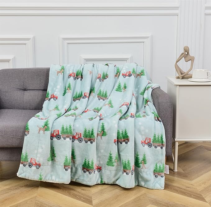 Elegant Comfort Reversible and Ultra-Plush Flannel Fleece-Winter Christmas Sherpa Throw- Lightweight Soft and Cozy-Holiday Decorative Throw, Perfect for Lounging, 50 x 60 inches, Tractor Tree