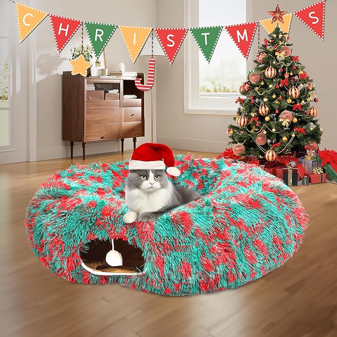LUCKITTY Christmas Warm Fluffy Plush Cat Dog Tunnel Bed with Washable Cushion- Big Tube Playground Toys 3 FT Diameter Collapsible, for Indoor Cat Kitty Kitten Puppy Rabbit Ferret, Green Red