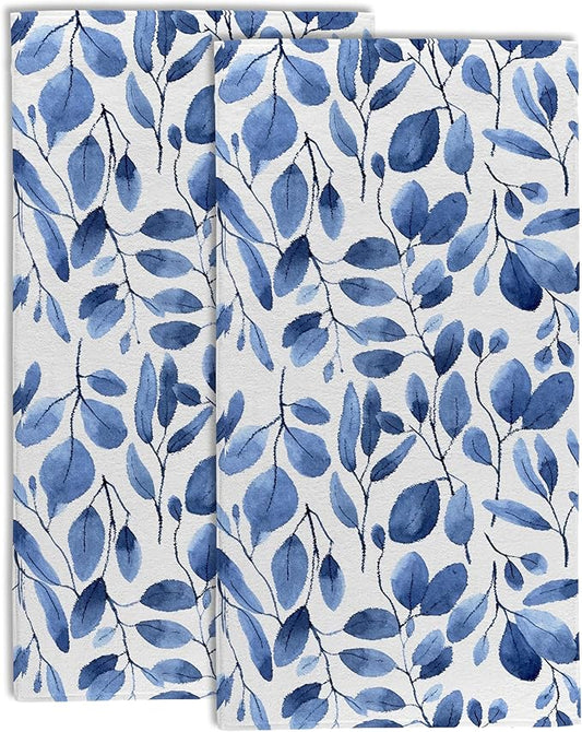 Blue Eucalyptus Leaves Bathroom Hand Towel Set of 2,Watercolor Botanical Plant Leaves Fingertip Kitchen Hand Towel,Soft Absorbent Decorative for Hotel Home Decor