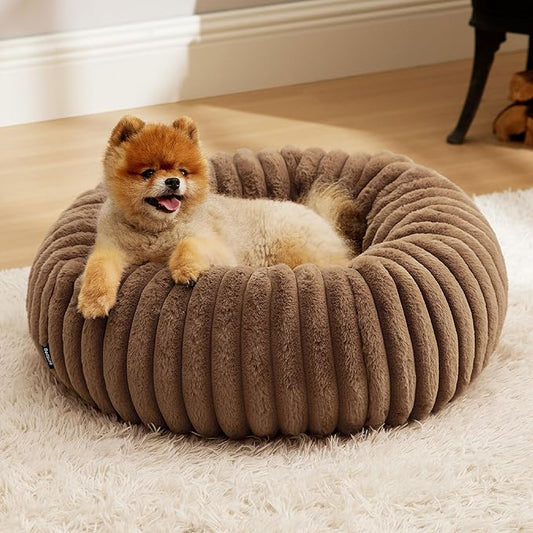 Bedsure Donut Small Dog Bed - Dog Beds for Small Dogs with Corduroy Fleece & Anti Slip Bottom, Round Faux Fur Pet Beds with Washable Removable Cover, Copper Brown, 23x23x8 inches