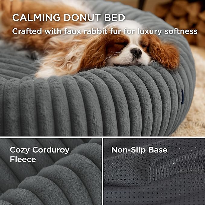 Bedsure Donut Medium Dog Bed - Washable Faux Fur Dog Bed Medium Size Dog with Corduroy Fleece & Anti Slip Bottom, Round Pet Beds with Removable Cover, Warm Grey, 30x30x8 inches