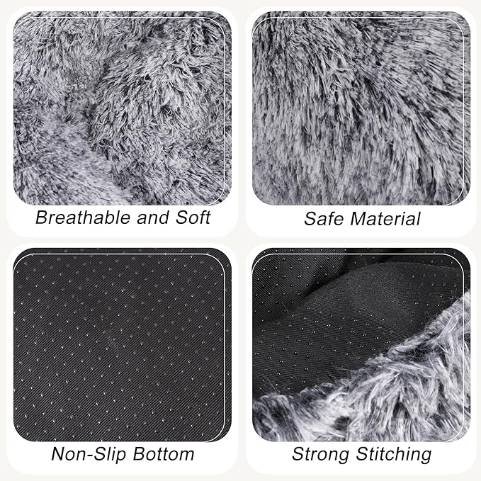 Calming Dog Bed, Dog Beds Fits up to 15 lbs Pets, Fluffy Donut Dog & Cat Bed Washable, Round Anti Anxiety Dog Bed, Small Dog Bed with Non-Slip Bottom (Grey White, 20" x 20")