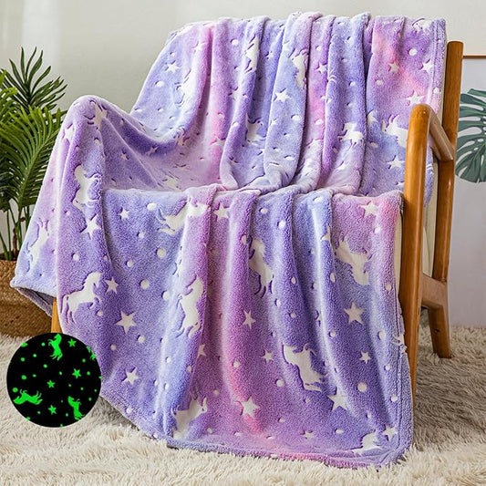 Glow in The Dark Unicorn Blanket, Girls Blanket for Age 3 4 5 6 7 8 9 10 11 12 Year Old, Gifts for Birthday, Valentines Day, Christmas, Bedroom Decor 50 x 60 Inch, Purple