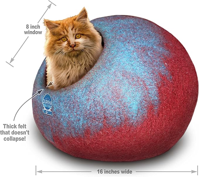 Felt Cat Cave Bed, Handmade Covered Cat Bed Cave, Wooly Cave for Cats, Dome Shaped Cat Pod, Cat Beds & Furniture, Felt Cat Beds for Indoor Cats (Light Blue and Burgundy)