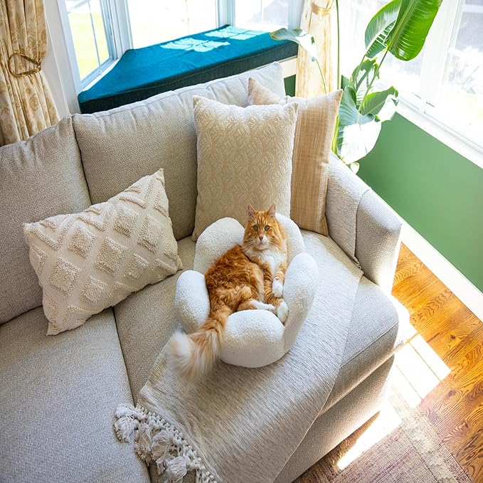 Catstages Purrfect Petals Washable Flower Shaped Round Cat Bed for Indoor Cats, Plush, White