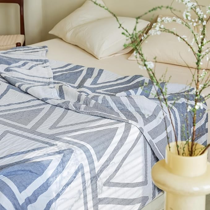 MEJU Triangle Geometry Blue Modern Checks Fashion Stripe All Season Blanket for Bed Sofa Couch 100% Cotton 3 Layer Soft Warm Reversible Bedspread Throw Blanket Bed Coverlet Sheet Twin 60 in x 80 in