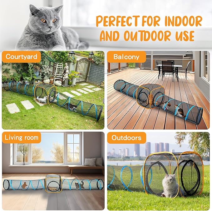 Cat Play Tunnel + Cube(with Three Ways) for Indoor and Outdoor, Cat Play House, Cat Enclosures, Collapsible Cat Cube, Tunnel, Cat Toys Easy to Connect with Cat Tent（2 Tunnels + Cube ）