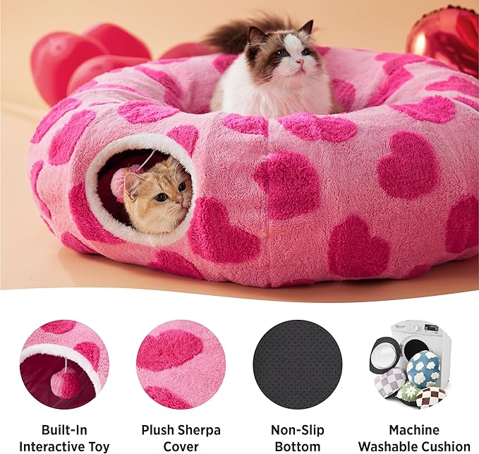 Lesure Cat Tunnel Bed for Indoor Cats - Cute Cat Donut Tunnel with Washable Circle Cushion, Round Pet Play Tunnel Toy for Kitten/Puppy/Rabbit, Pink Hearts