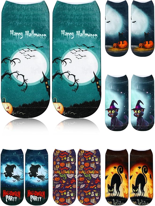 Boao 6 Pieces Christmas Socks 3D Print Short Casual Funny Halloween Pumpkin Cat Ankle Socks