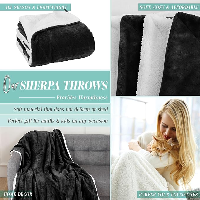 Elegant Comfort Reversible and Ultra-Plush Flannel Fleece Sherpa Throw- Lightweight Soft and Cozy- All Season Decorative Throw, Perfect for Lounging, 50 x 60 inches, Black