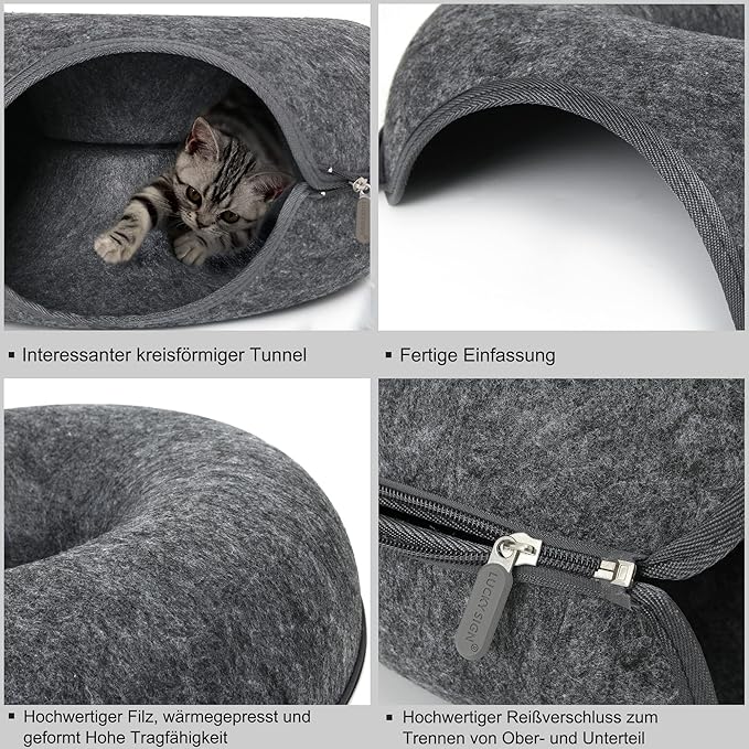 Lucky Sign - Cat bed, felt doughnut cat bed, cat tunnel bed, removable tunnel toy, can be used for cat beds or cat toys, 60 x 60 x 28 cm, dark grey