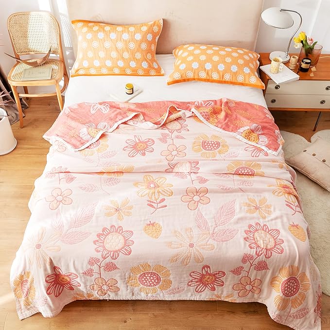 MEJU Floral Pink Cute All Season Muslin Blanket Throw for Bed Sofa Couch,100% Combed Cotton 4 Layer Soft Warm Quilt Throw Blanket Bed Coverlet Flower Twin 60" X 80"