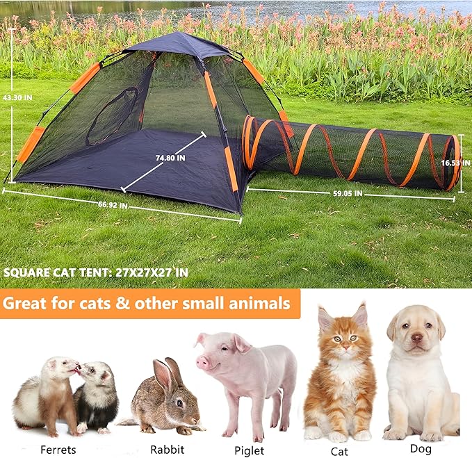 Kimruule Outdoor Cat Enclosures, 4-in-1 Cat Tent Outside with Cat Tunnels for Indoor Cats, Large Cat Playpen Outdoor with Cat Toys for Cats Rabbits Ferrets Dogs and Small Animals