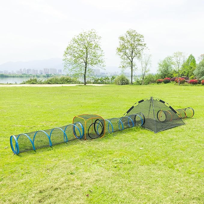 Cat Play Tunnel + Cube(with Three Ways) for Indoor and Outdoor, Cat Play House, Cat Enclosures, Collapsible Cat Cube, Tunnel, Cat Toys Easy to Connect with Cat Tent（2 Tunnels + Cube ）