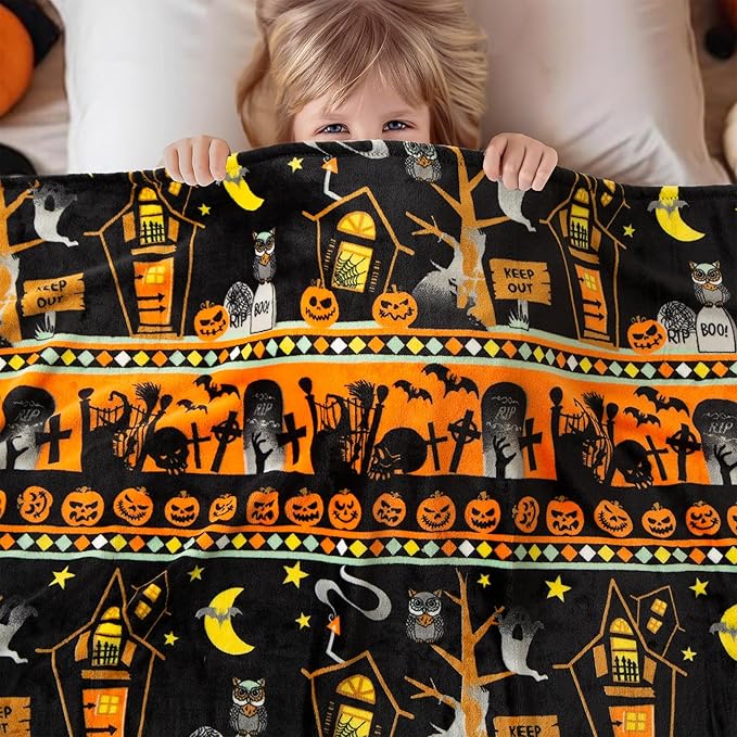 Ghost Halloween Blanket 50” x 70” Reversible Castle Gravestone Pumpkin Print Fleece Throw Blanket, 320 GSM Surper Soft Warm Cozy Blanket for Couch Sofa, Halloween Harvest Gifts and Orange Home Decor