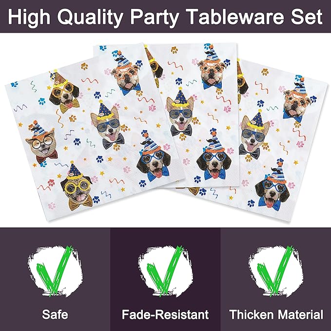 96 Pcs Dog Birthday Party Plates Napkins Forks Supplies Tableware Set Disposable Paper Dog Theme Decoration for Kids Birthday Party, Serves 24 Guests