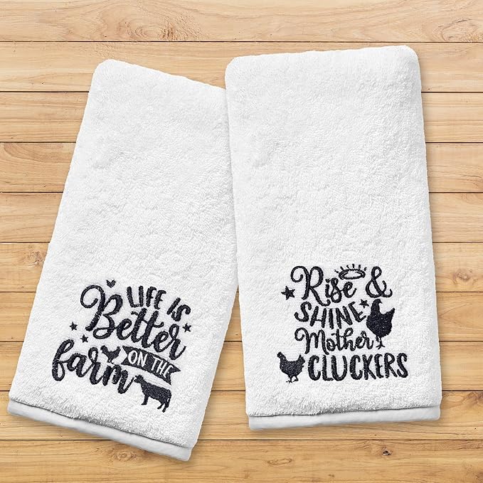 Farm Animal Hand Towels for Bathroom, Farmhouse Rooster Cow Decor Embroidered Dish Towels, Farmhouse Decor Gifts Decorative New Home Tea Hand Towels, 100% Cotton Soft Towels for Kitchen 14x30 Inches