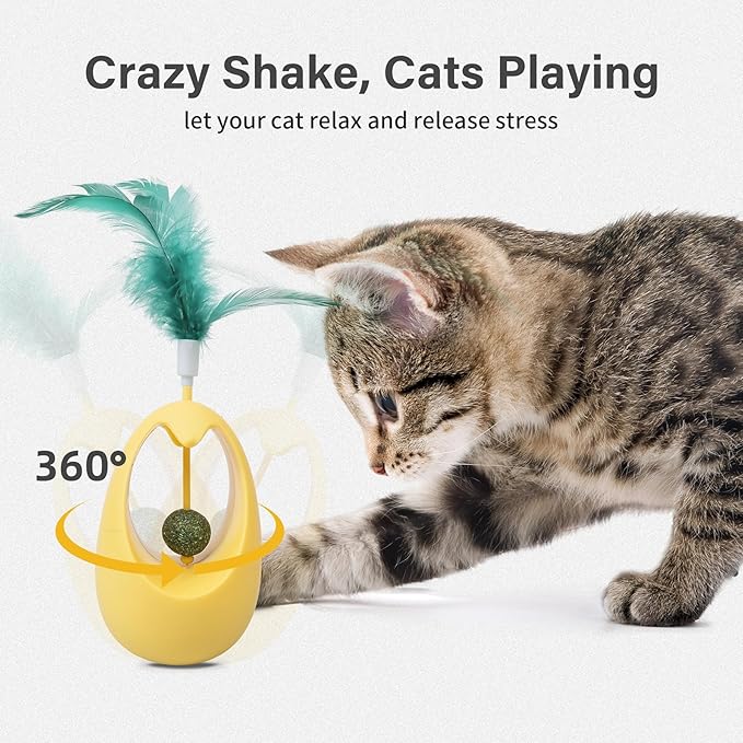 Catnip Toys for Cats with Feathers Tumbler Cat Toy with Edible Catnip Balls, Interactive Funny Toy Kitten Indoor Exercise/Plaything for All Breeds - Yellow