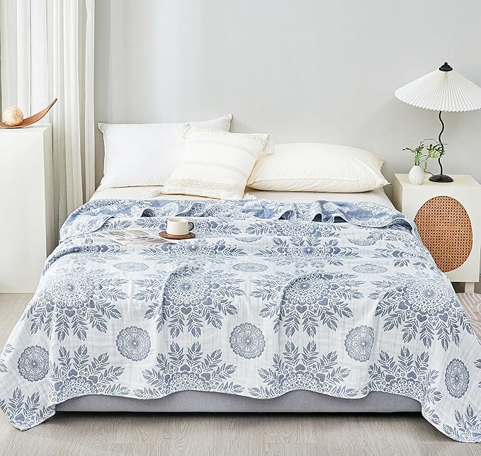MEJU Feather Heart Boho Indian Blue Muslin All Season Blanket for Bed Sofa Couch 100% Combed Cotton 3 Layer Soft Warm Bedspread Throw Blanket Bed Coverlet Sheet Twin 60 in x 80 in