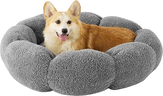 Lesure Calming Large Dog Bed - Flower Donut Round Fluffy Puppy Bed in Plush Teddy Sherpa, Non-Slip Cute Flower Dog Beds, Large Pet Bed Fits up to 100 lbs, Machine Washable, Grey 36"