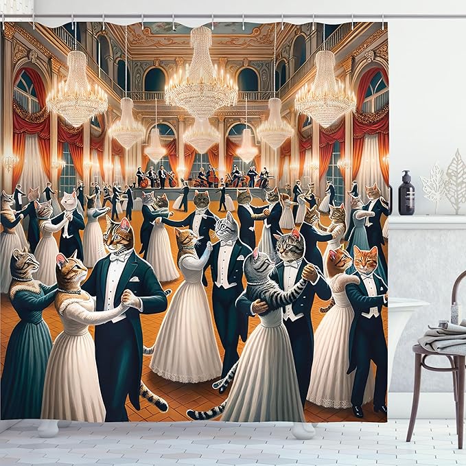 Ambesonne Cat Shower Curtain, Classic Ballroom with Waltz Dancing Kitty Couples in Formal Clothes Print, Cloth Fabric Bathroom Decor Set with Hooks, 69" W x 70" L, Petrol Blue and Orange