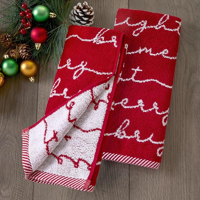 SKL Home Christmas/Winter Merry & Bright Hand Towel 2pc Set for Bath/Kitchen/Bar & Gift, Red