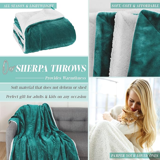 Elegant Comfort Reversible and Ultra-Plush Flannel Fleece Sherpa Throw- Lightweight Soft and Cozy- All Season Decorative Throw, Perfect for Lounging, 50 x 60 inches, Teal
