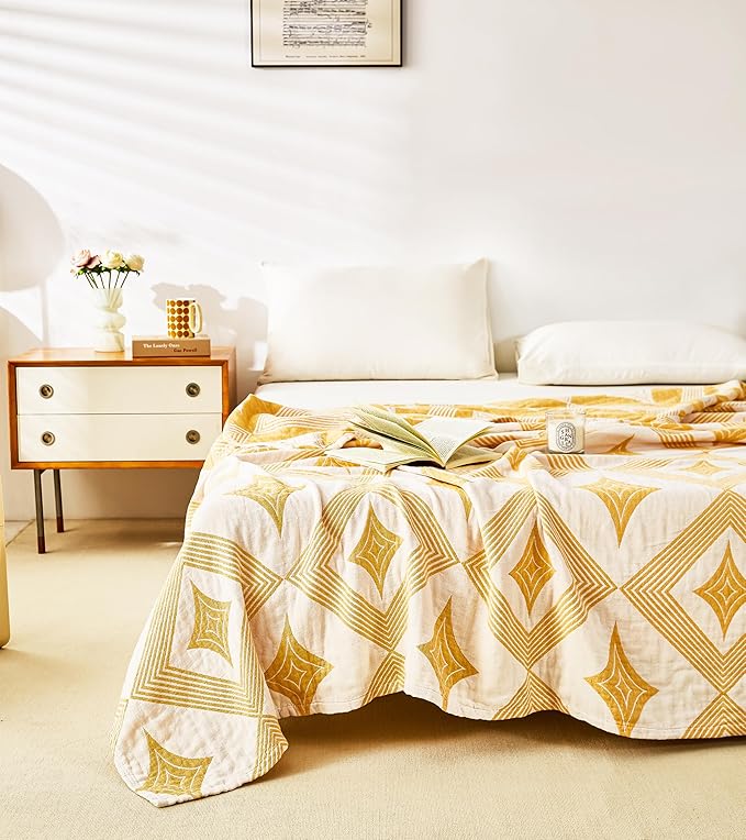 MEJU Diamond Modern Checks Fashion Stripe All Season Blanket Decorative for Bed Sofa Couch 100% Cotton 3 Layer Soft Warm Reversible Bedspread Throw Blanket Bed Coverlet Sheet Yellow F/Q 80 in x 90 in