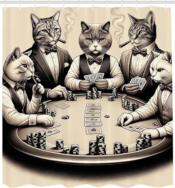 Ambesonne Cat Shower Curtain, Vintage Gentleman Kitties Playing Poker Monochrome Effect Gambling Table Print, Cloth Fabric Bathroom Decor Set with Hooks, 69" W x 84" L, Ivory Dark Taupe