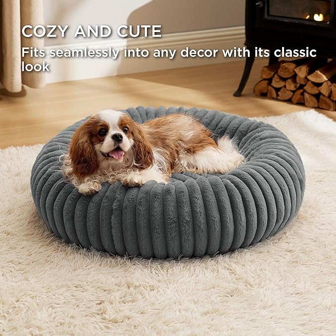Bedsure Donut Medium Dog Bed - Washable Faux Fur Dog Bed Medium Size Dog with Corduroy Fleece & Anti Slip Bottom, Round Pet Beds with Removable Cover, Warm Grey, 30x30x8 inches
