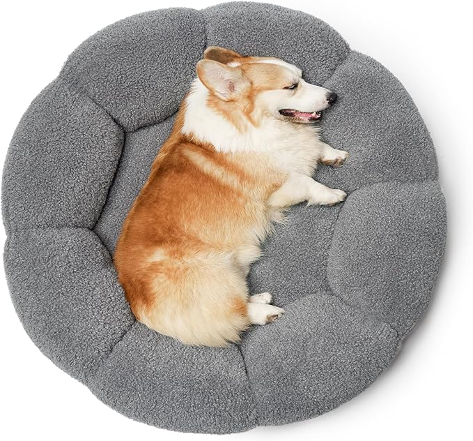 Lesure Calming Large Dog Bed - Flower Donut Round Fluffy Puppy Bed in Plush Teddy Sherpa, Non-Slip Cute Flower Dog Beds, Large Pet Bed Fits up to 100 lbs, Machine Washable, Grey 36"