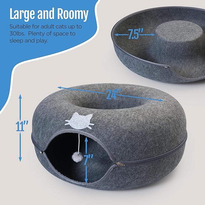 Meow Mansion Cat Cave Donut Bed - Cat Tunnel Bed for Large Cats up to 30lbs - 3 Toy Balls & Hanging Ball Included - Scratch Resistant, Detachable and Cleanable Cat Donut Bed