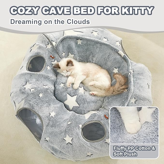 JIUPETY Cat Tunnel Bed with Soft Plush Mat, Collapsible Tube Playground, Cat Cave Bed Tunnel for Indoor Cats, Kitten, Rabbit, Ferret, Fluffy Plush Material, Includes Dangling Balls, Cave Grey A