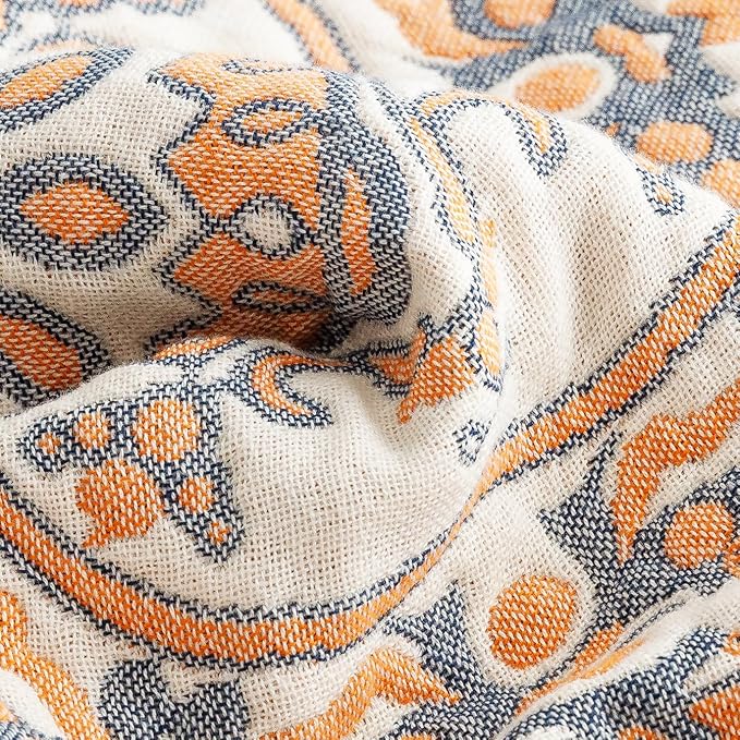 MEJU Round Flower Branch Boho Mandala Muslin All Season Throw Blanket for Bed Sofa Couch, 100% Combed Cotton 4 Layer Soft Warm Farmhouse Retro Throw Blanket Bed Coverlet Twin 60 in x 80 in