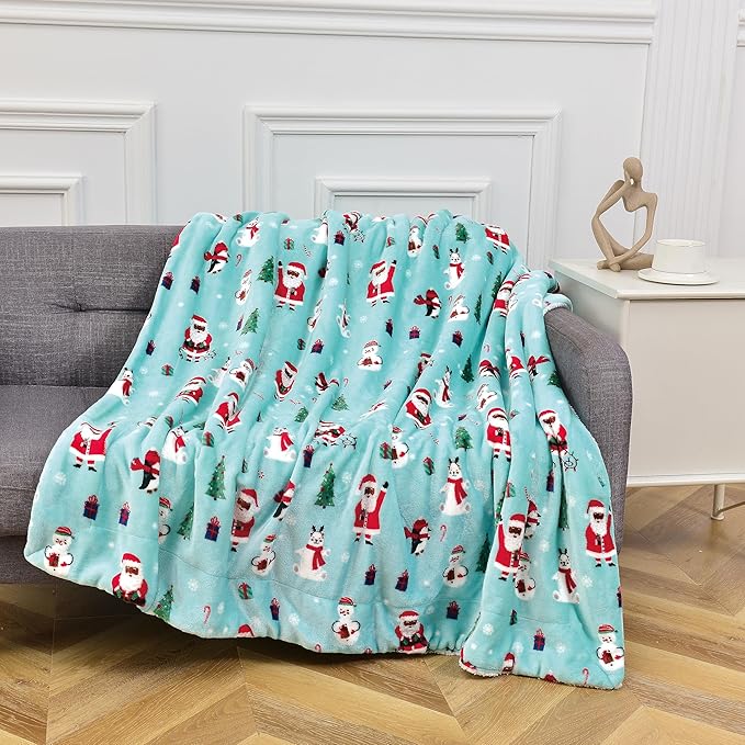 Elegant Comfort Reversible and Ultra-Plush Flannel Fleece-Winter Christmas Sherpa Throw- Lightweight Soft and Cozy-Holiday Decorative Throw, Perfect for Lounging, 50 x 60 inches, Penguin Santa