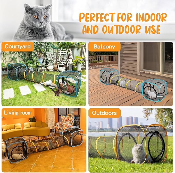 Cat Play Tunnel + Cube(with Three Ways) for Indoor and Outdoor, Cat Play House, Cat Enclosures, Collapsible Cat Cube, Tunnel, Cat Toys Easy to Connect with Cat Tent（2 Cubes + Run Tunnel）