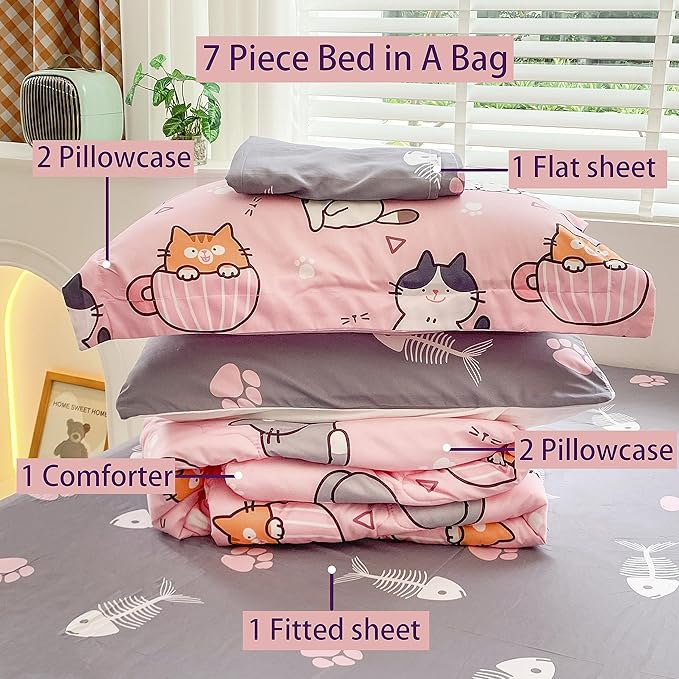 7 Piece Girls Cats Comforter Set Twin Size Bed in A Bag Pink Cute Cartoon Pet Cat Bedding Set for Kids Boys Teens (1 Comforter, 1 Flat Sheet, 1 Fitted Sheet, 4 Pillow Sham) Gray