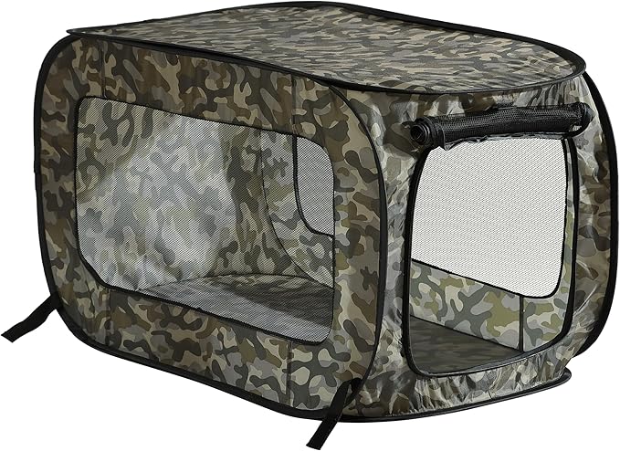 Beatrice Home Fashions Portable, Collapsible, Pop Up Kennel Travel Cat and Dog Crate, 24" L x 16.6" W x 16" H, Camo Green