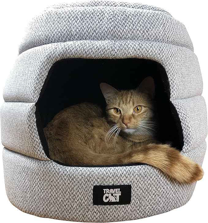 Travel Cat Meowbile Indoor Cat House - 25x18x17 inches Premium Convertible and Durable Hideaway Cat Bed and Cave - Soft Gray Collapsible and Easy to Clean, Padded, Comfortable and Cozy Cat Bed Cave