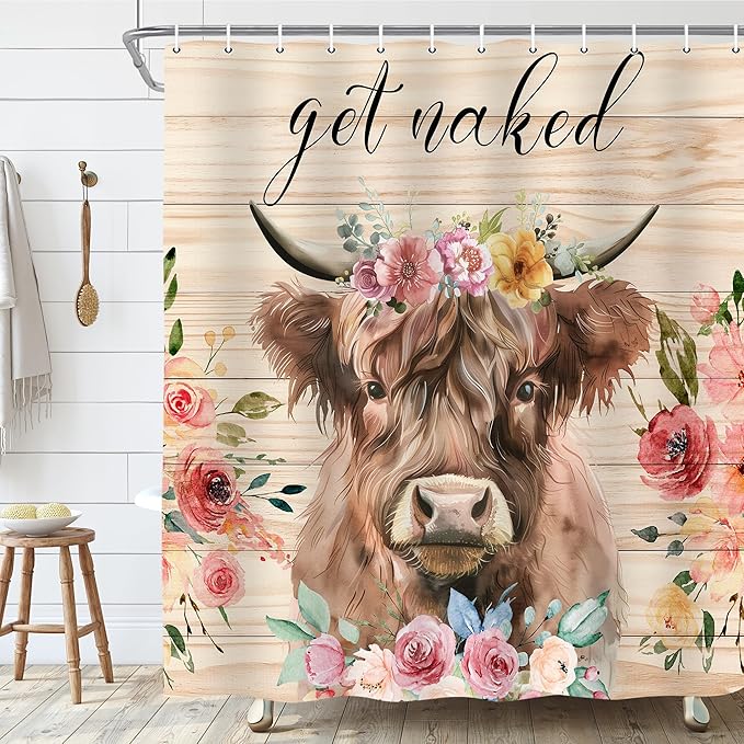 Highland Cow Shower Curtain, Get Naked Funny Animal Flower Bathroom Curtain, Floral Shower Curtain Set Polyester Waterproof Bath Curtian Accessory Set 12 Hooks 72x72 inch