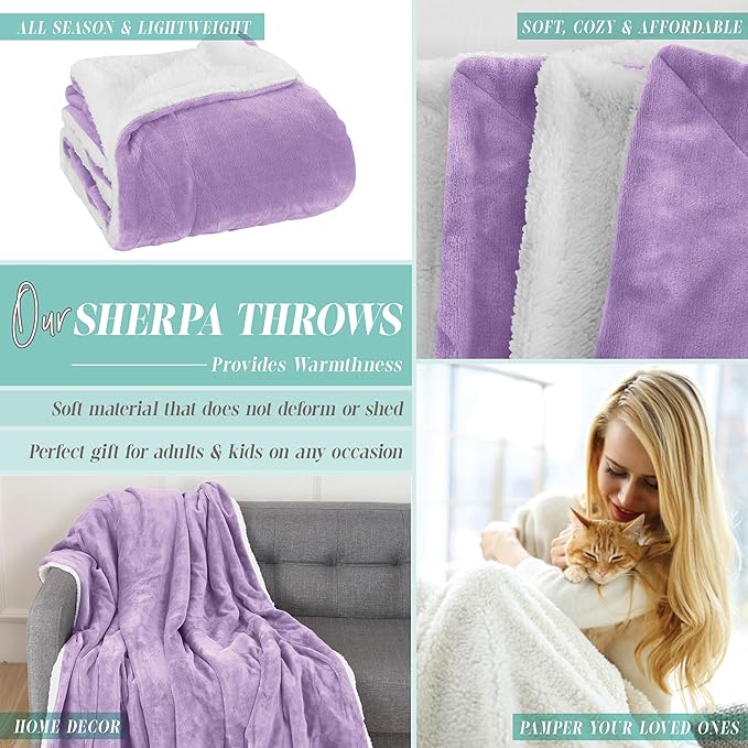 Elegant Comfort Reversible and Ultra-Plush Flannel Fleece Sherpa Throw- Lightweight Soft and Cozy- All Season Decorative Throw, Perfect for Lounging, 50 x 60 inches, Lavender