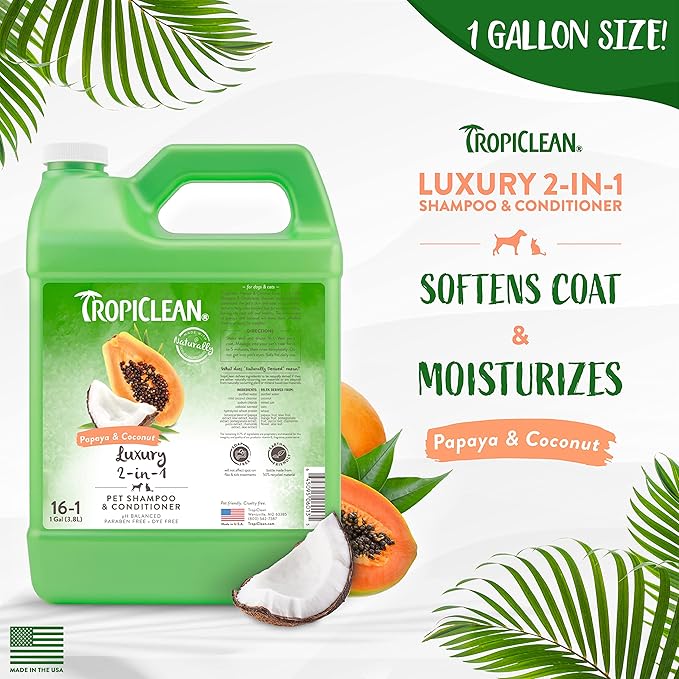 TropiClean 2-in-1 Cat & Dog Shampoo and Conditioner, Puppy & Kitten Safe, Moisturizing Detangler, Made in the USA, Papaya Scent, 1 gallon