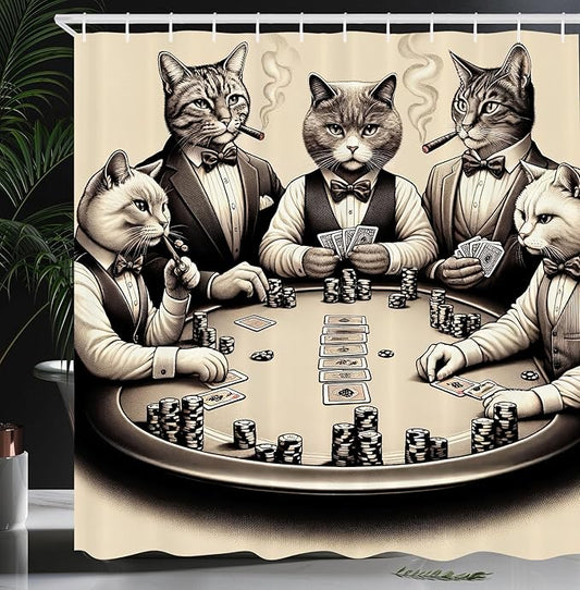 Ambesonne Cat Shower Curtain, Vintage Gentleman Kitties Playing Poker Monochrome Effect Gambling Table Print, Cloth Fabric Bathroom Decor Set with Hooks, 69" W x 70" L, Ivory Dark Taupe