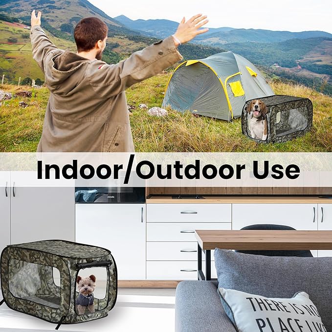 Beatrice Home Fashions Portable, Collapsible, Pop Up Kennel Travel Cat and Dog Crate, 40" L x 27" W x 27" H, Camo Green