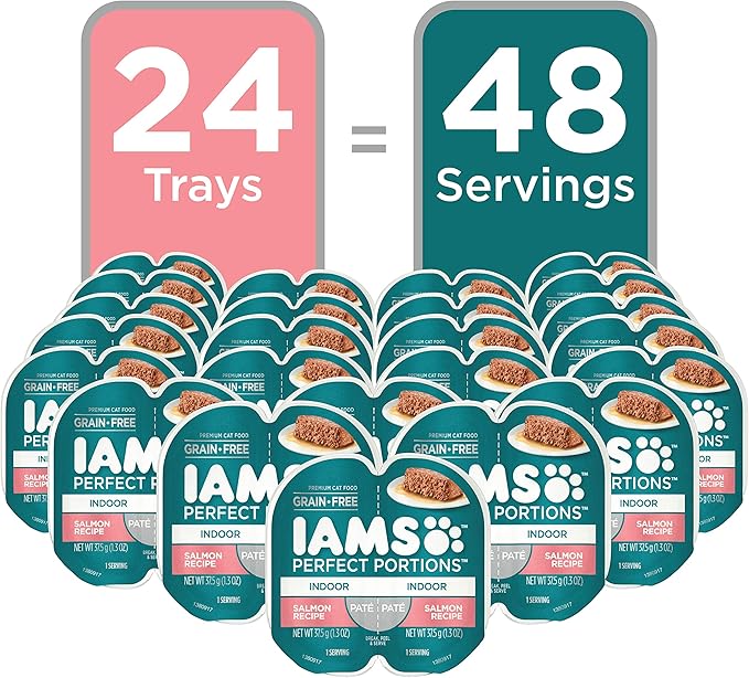 IAMS Perfect Portions Indoor Adult Grain Free Wet Cat Food Paté, Salmon Recipe, 2.6 oz. Easy Peel Twin-Pack Trays (24 Count, 48 Servings)