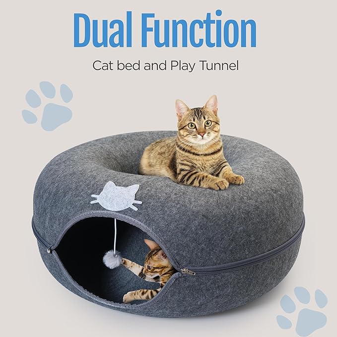 Meow Mansion Cat Cave Donut Bed - Cat Tunnel Bed for Large Cats up to 30lbs - 3 Toy Balls & Hanging Ball Included - Scratch Resistant, Detachable and Cleanable Cat Donut Bed